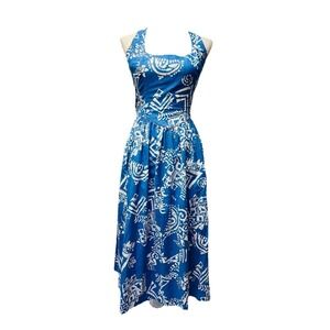 VTG Malia 6 Blue Floral Cotton Hawaiian Halter Dress Luau 60s 70s Tropical Beach